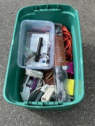 Tote Of Electrical Power Cords, Crow Bar, Iron And Other Mixed Items