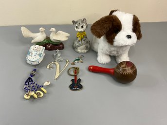 Odds And Ends With Porcelain And Ceramic Figures, Key Chains, Dog Toy And More