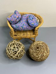 Wicker Chair With Cat And Decorative Wicker Balls