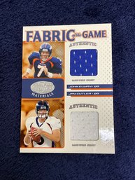 John Elway And Jay Cutler 2007 Leaf Certified Materials Fabric Of The Game Dual Jersey Card /100