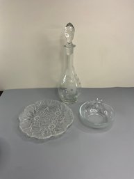 Glass Lot Including A Floral Etched Decanter With Stopper