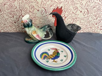 Rooster Decor With Plate, Figure And Decorative Cast Metal Planter/spoon Holder