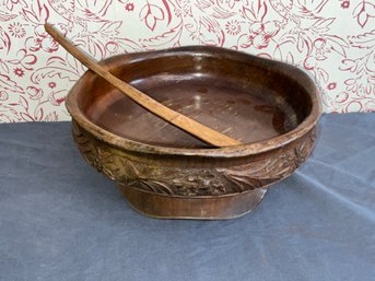 Vintage Carved Wooden Pedestal Bowl And Spoon