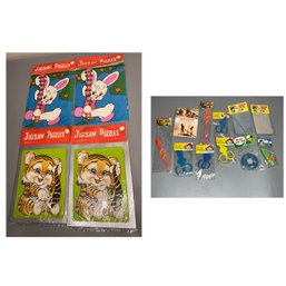 Group Of Vintage Party Favor Gifts Trick Snake, Kiddy Scissors,magic Screen, Blow Spin Top & Puzzles