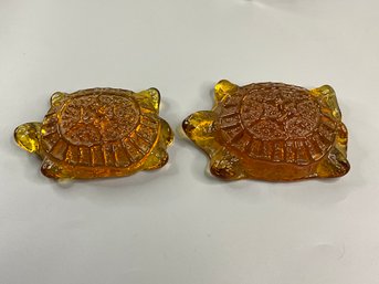 2 Yellow Art Glass Turtles