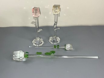 Lot Of Crystal Glass Roses Flowers