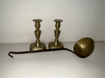 Vintage Brass Candlesticks And Ladle