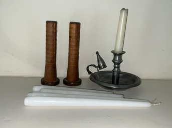 Thomas Williams Pewter Candlestick With Snuffer Plus A Pair Of Metal And Wood Candlesticks