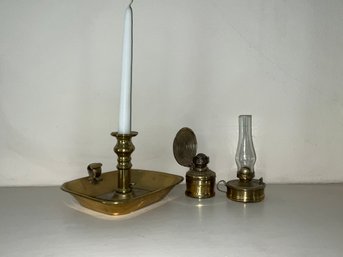 Vintage Brass Candlestick And Mini Oil Lamps