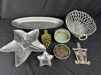 Metalware Lot With Baskets, Trivets And Decor