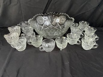 Cut Glass Punch Bowl And Cups