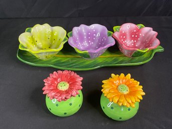 Floral Shaped And Colored Bowls Plus Salt And Pepper Shakers