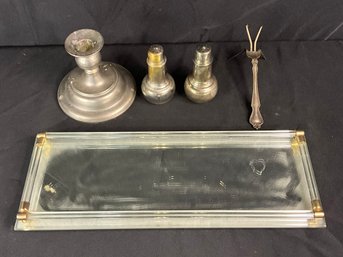 Vintage Nickle Silver Fork Plus Pewter, Silver Plate And Glass Tray