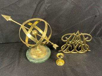 Decorative Brass Armillary Sphere, Brass Queen Anne Cypher/ Colonial Williamsburg Brass Book End
