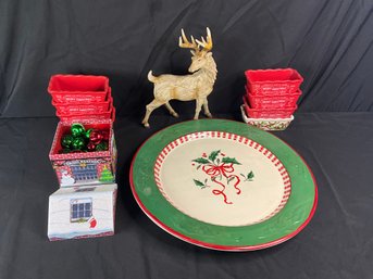 Christmas Seasonal Lot With Reindeer, Serving Plate, Ornaments And Ceramic Pans