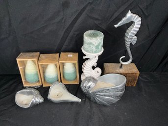 Beach Themed Decor Lot With Shells, Seahorses And Candles