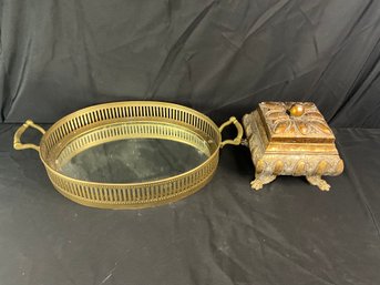 Mirrored Brass Tray And A  Decorative Gold Gilt Box