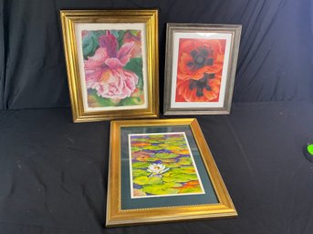 3 Framed Landscape And Floral Art Pieces