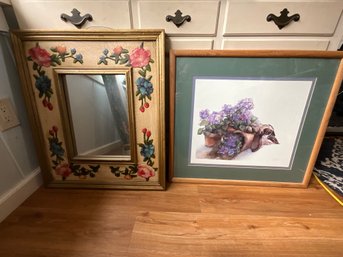 Framed Flower Basket Picture And A Floral Mirror