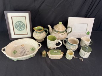 Group Of Irish Themed Decor With Porcelain, Picture Frames And More