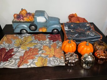Fall Decor With Pumpkins, Cool Pickup Truck, Halloween Treat Bags And More