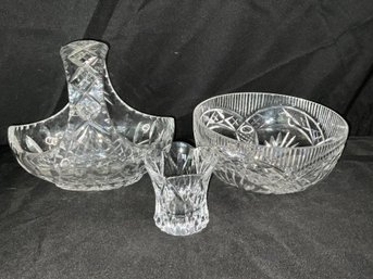 Unmarked Cut Glass Basket, Bowl And Small Vase