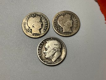 2 Barber And 1 Roosevelt Silver Dimes