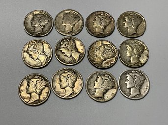 Lot Of 12 Mercury Silver Dimes