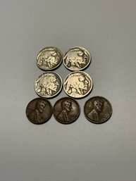 4 Buffalo Nickels And 3 Wheat Pennies