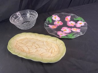 Waterford Glass Bowl (chipped), Floral Glass Platter And Pottery Tray