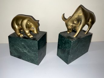 Stock Market Bookends Vintage Gatco Bear And Bull Wall Street Brass And Marble