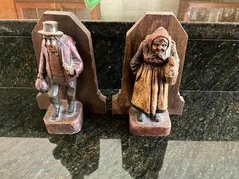 Vintage Wooden Carved Man And Woman Bookends
