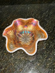 Dugan Petal And Fan Carnival Glass Bowl On Opalescent Jeweled Heart (aka Victor) Pattern Bowl