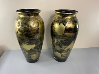 Pair Of Gold And Black Glass Vases