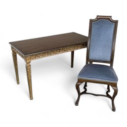 Vintage Ornate Carved Desk And Blue Desk Chair - European Provincial Style