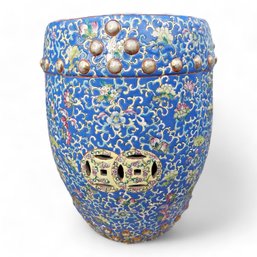 Gorgeous Asian Garden Stool Porcelain, Vibrant Blue Hand Painted With Floral Motif & Symbol Of Prosperity