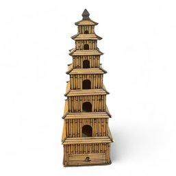 Vintage 33in Tall Split Reed Scorched Bamboo 7 Tiered Pagoda Tower With Keepsake