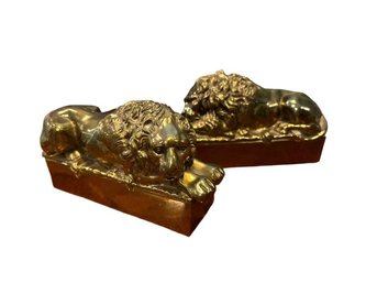 A Pair Of Cast Brass Lion Bookends, After Antonio Canova (1757-1822)