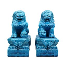 Pair Of Turquoise Color Foo Dogs Guardian Lions, Ceramic Sculptures