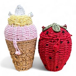 Adorable Ice Cream Cone And Strawberry Motif Hand Woven Water Hyacinth Baskets Or Purses