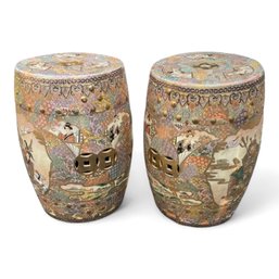 Gorgeous Pair Of Satsuma Style Hand Painted Porcelain Garden Stools - Very Intricate