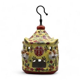 Charming Hand Painted Traditional Yellow Floral Ceramic Bird Feeder Or Lantern