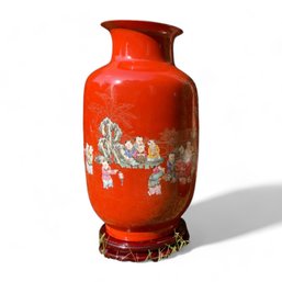 Vintage Red Enamel Vase With Colorful Children Design