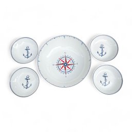 Limited Edition Williams Sonoma White Nautical Maritime Compass Serve Bowl Set, 1 Large Bowl & 4 Small Bowls