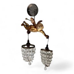 Charming French Antique Gilt And Crystal Cherub Wall Sconce