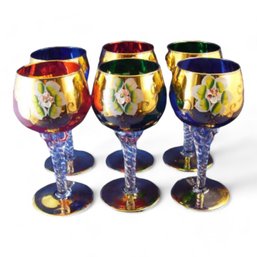 Set Of 6 Bohemian Painted Wine Glasses, Red, Blue, Green Gift Boxed, Brand New