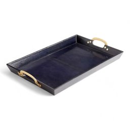 High End Luxury Navy Blue Leather Tray With Brass Handles, Manner Of Ralph Lauren