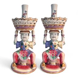 Porcelain Epergnes In Traditional Chinese Dress, Detailed With Tobacco Leaf Pattern, A Pair