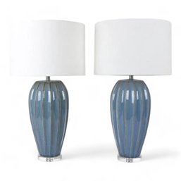 Pair Of Currey & Co. Bluestar Collection Table Lamps, Blue Porcelain Bases