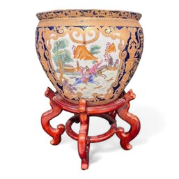 Intricate Chinoiserie Fish Bowl Planter With Relief On Wooden Stand, Signed